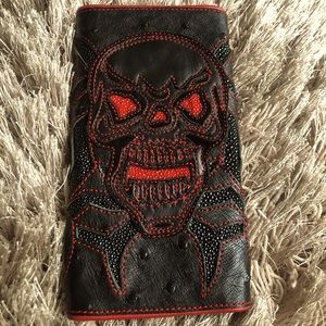 Handmade Stingray skull men card holder 3 separate compartments wallet Block Red
